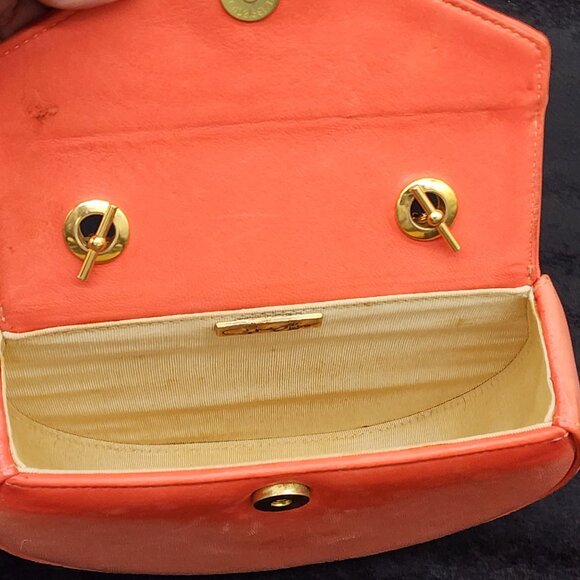 Pink Salmon Leather Bag Gold Mesh Strap Small Hard Case Sondra Robert Vintage - Picture 5 of 15